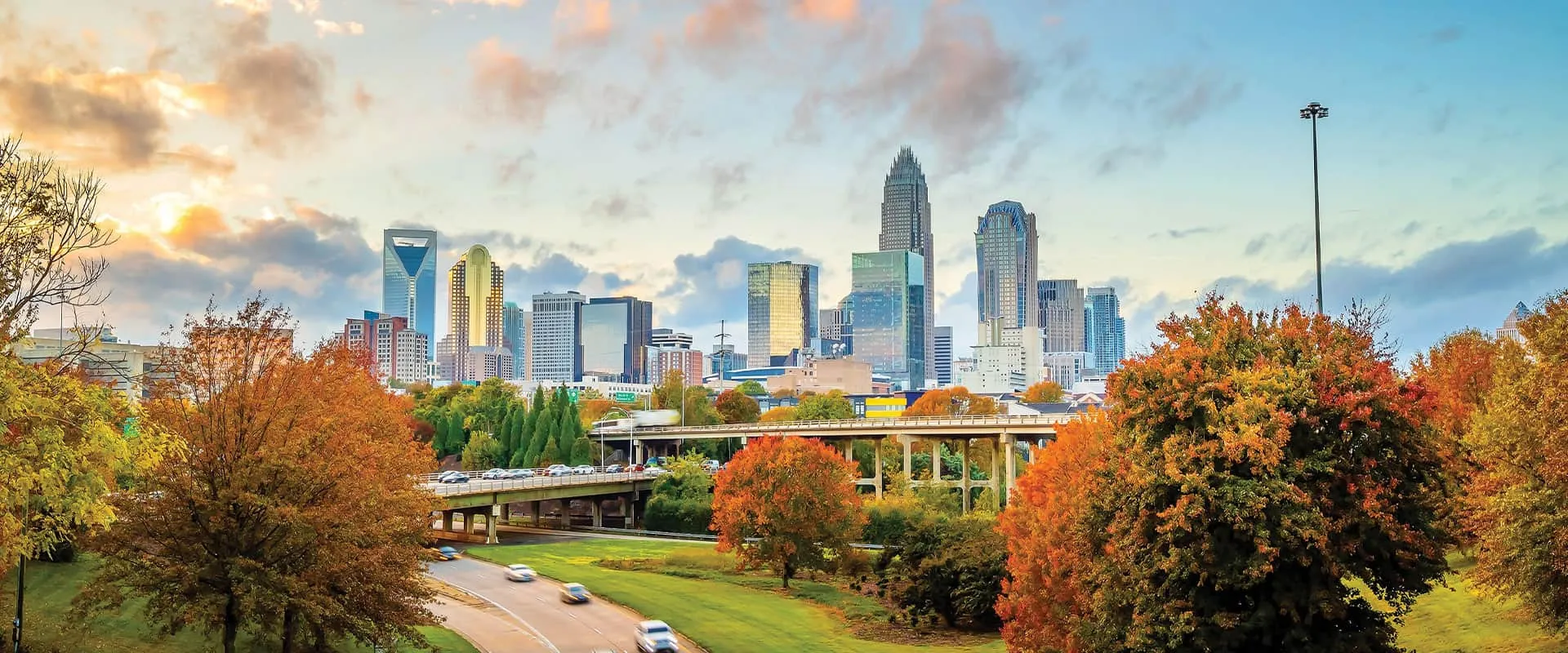 Charlotte skyline above tree-lined neighborhoods in the fall